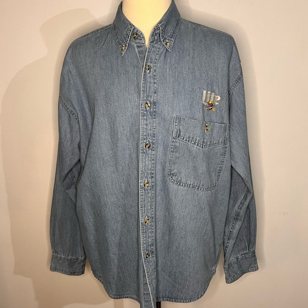 SOLD 6/4 Harbour Glen Vintage Miller Light Logo Denim Shirt - Picture 2 of 12